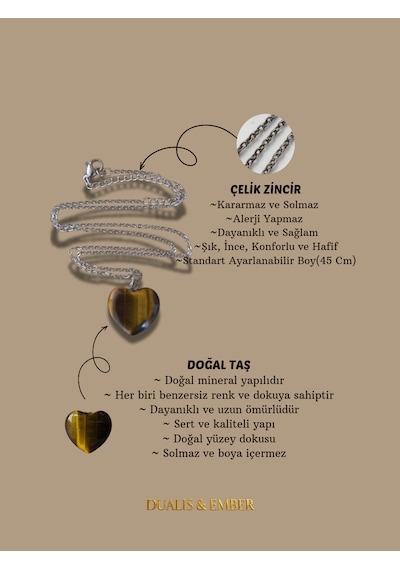 Doğal Taş - Kaplan Gözü Kalp Kolye Kahverengi
