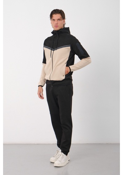 Dechers Erkek Siyah Tech Fleece Double Face Kapüşonlu Fermuarlı Eşofman Takımı - E228 Krem