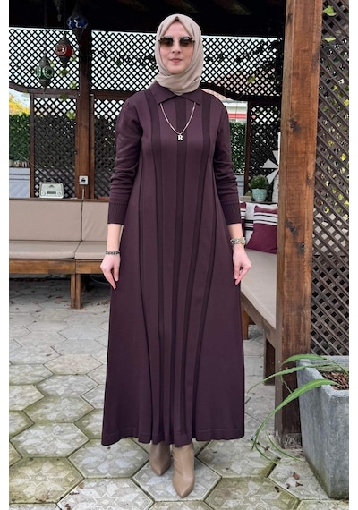 Rabia Şamlı Biricik Kemerli Triko Elbise Acı Kahve Normal