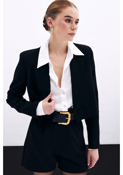 Sateen Kısa Krep Ceket - Siyah