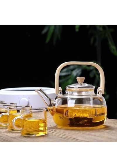 Bambu Saplı Isıya Dayanıklı Borosilikat Cam Süzgeçli Demlik 1000ml, Isıya Dayanıklı Cam Bitki Çayı Demliği 1 Diğer