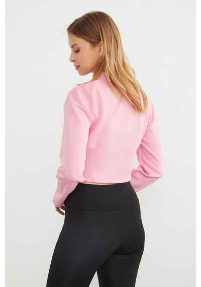 Fullamoda Fermuarlı Hakim Yaka Crop Spor Ceket Pembe