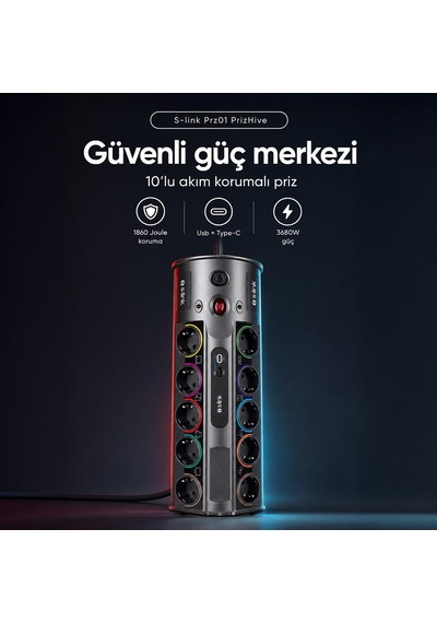 S-link Prz01 Prizhive 3 Metre 1860 Joule 1.5mm 1 Usb 1 Typec 2.1a