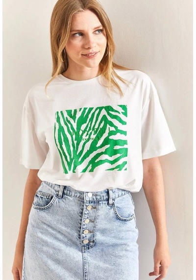 Baskılı Basic Bisiklet Yaka Örme T-shirt Önü Yeşil