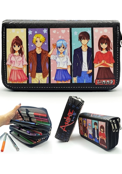Kalem Kutusu Organizer Üç Bölmeli Kalemlik Grup Anime Siyah