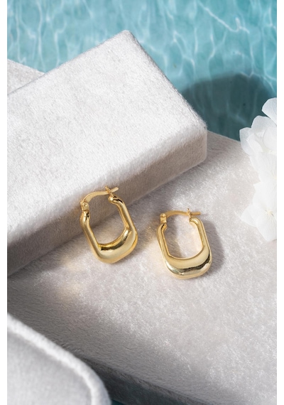 925 Ayar Gümüş Gold Rengi Tombul U Şekil Tasarım Şarnel Küpe Gold