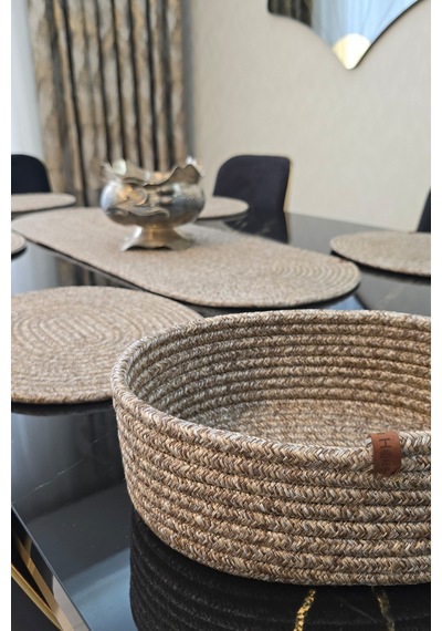 6 Lı Oval Supla 1 Runner 1 Dekoratif Ekmek Sepeti Seti Desenli Sunumluk Yemek Takımı Çok Renkli