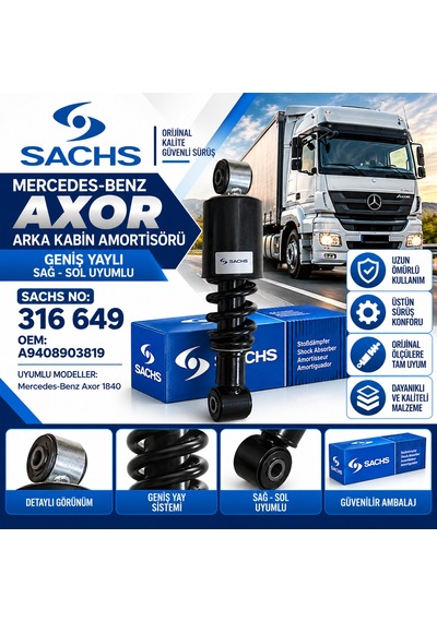 Mercedes Axor 1840 Arka Kabin Amortisörü Geniş Yaylı Sağ Sol Sachs 316649 A9408903819