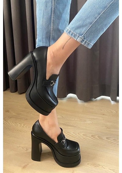 Kadın Siyah Deri İnce Tokalı Lofer Model 12 Cm Platform Topuklu Ayakkabı Siyah