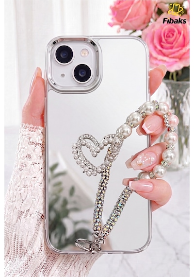 Fibaks iPhone 13/14/15 Uyumlu Kılıf Aynalı İnci Charm Askılı Kalp Tasarımlı Desenli Silikon Kapak