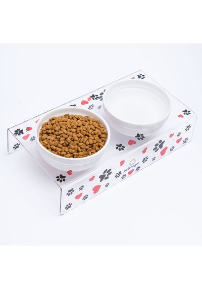 Petmagic Akrilik Pleksi Evcil Hayvan Beyaz Seramik Kaseli Mama Su Kabı Siyah Patili