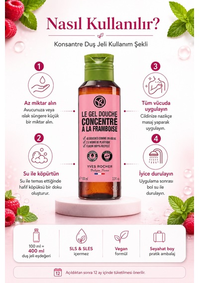 Konsantre Duş Jeli Frambuaz & Nane 100 Ml - Doz Ayarlı Seyahat Boy Ekolojik Canlandırıcı Banyo Jeli Diğer