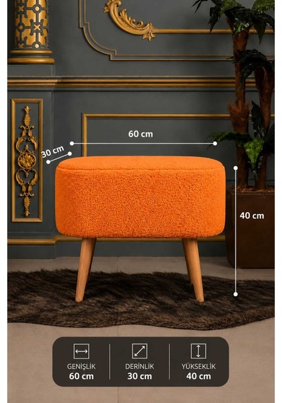 Pufly Peluş Çok Amaçlı Dekoratif Puf Koltuk Dekoratif Puf Ahşap Ayaklı Puf 30x60 Turuncu Turuncu