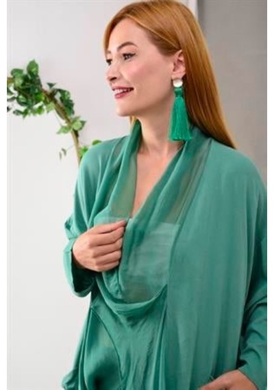 Bohem Stil Italyan Ipek Detaylı Oversize Kaftan & Bluz-8711 Mint Yeşili