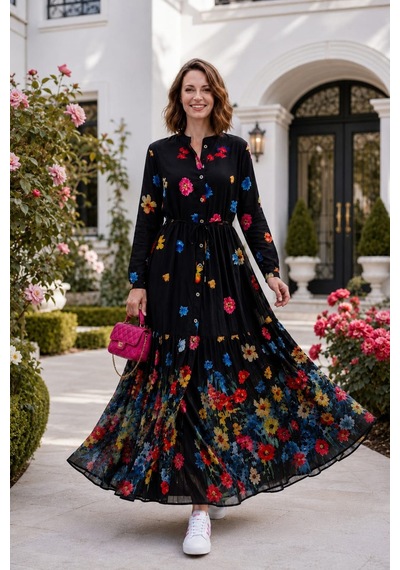 Hb Harma Time Butik Kadın Düğmeli Çiçek Desenli Modal Siyah Elbise