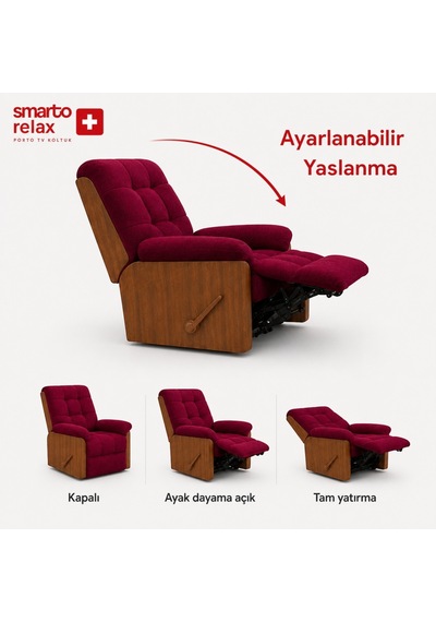 Smarto Relax Ticino Manuel Mekanizmalı Ayak Uzatmalı Ahşap Yan Panelli Polyester Tv Koltuğu Baba Koltuğu Bordo