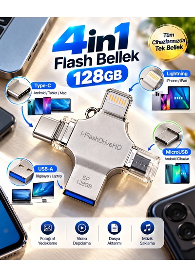 128gb 4 Lü Girişli Flash Bellek Lightning Type-c Usb-a Microusb Telefon Tablet Bilgisayar Uyumlu