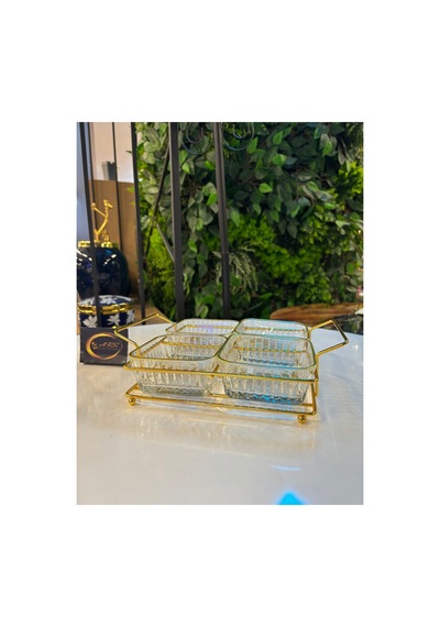 Ars Paşabahçe Frezya Yaldızlı Kare Kase, Metal Gold Standlı 4'lü Çerezlik, Sunumluk, Kahvaltılık