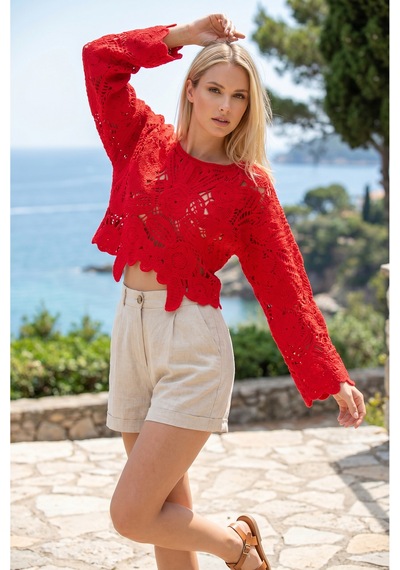 Sayzen Your Shine Dantel Işleme Crop Bluz Sy-shn04 Kırmızı