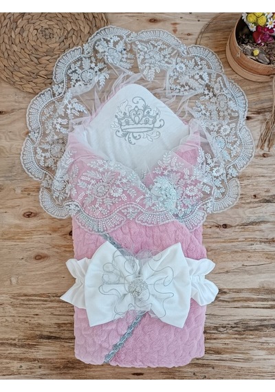 Kışlık Bebek Dış Kundak Battaniyesi Dantelli Pembe Bebek Kundağı Unisex Hastane Çıkışı Mevlütlük Pembe
