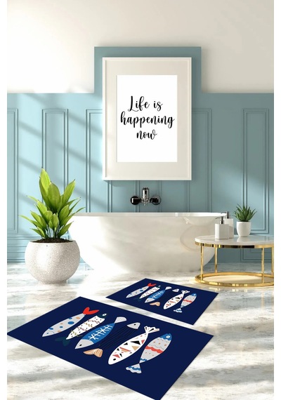 Buççin Online Mağaza Dijital Baskılı Yıkanabilir Renkli Balık Desenli Banyo Paspası Klozet Takımı Polyester Lacivert Çok Renkli