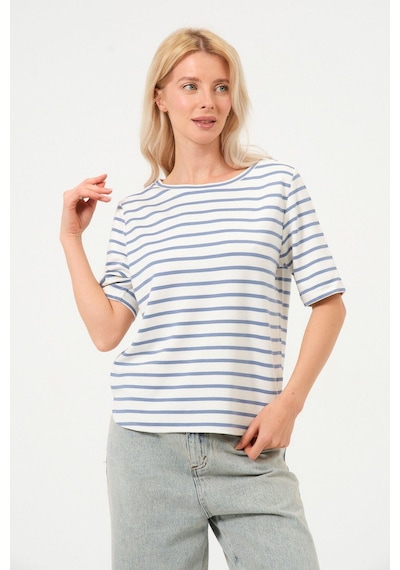 Kadın Çizgili Tişört Oversize T-shirt Beyaz