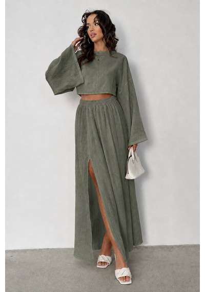 Unika Boutique Ham Keten Bohem Bluz Etek Takım Acık Haki
