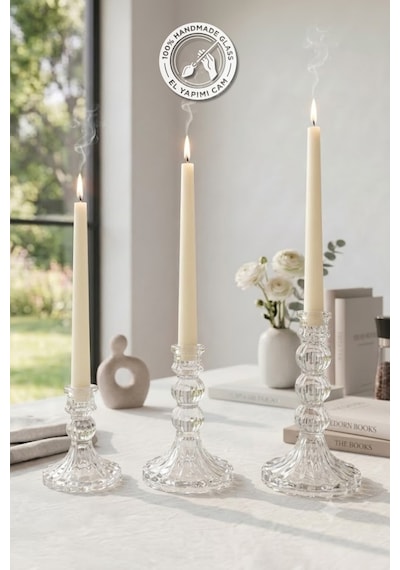 Selen Concept Linea Model Cam Şamdan & Mumluk 3'lü Set Şeffaf