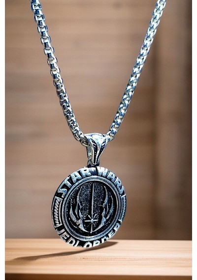 Gümüş Kaplama K-168 Krom Bronz - Çelik Erkek Kolye Madalyon Star Wars Jedi Order Gri