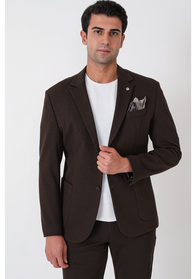 Slim Fit Torba Cep Esnek Tencel Kumaş Kahverengi Ceket C 751