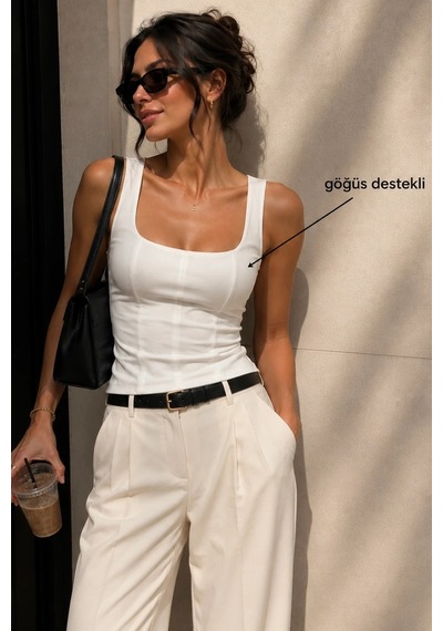 Bbbutikbasic Göğüs Destekli Poliamid Atlet Bluz Kare Yaka Toparlayıcı Body My3535 Beyaz