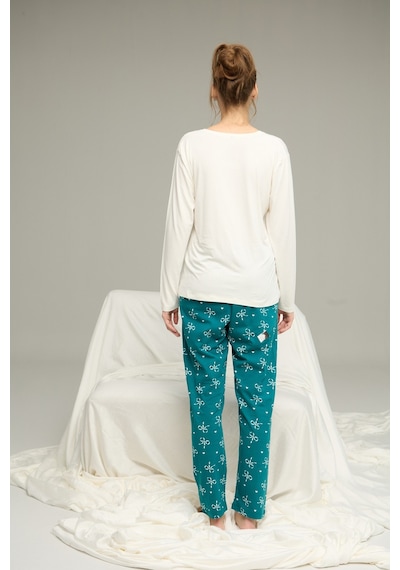 Siyah İnci Pamuklu Bisiklet Yaka Örme Pijama Takım25241159 Ekru