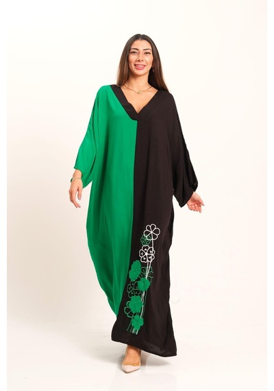 Keyifli Moda Kadın Yeşil Siyah Garnili V Yaka Eteği Nakışlı Cepli Oversize Uzun Elbise - Yesıl Yeşil