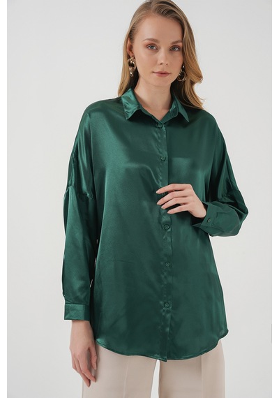 Bigdart 3985 Oversize Saten Gömlek - Zümrüt Yeşili