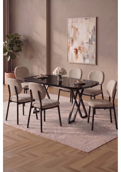 Hooli 90x168 Siyah Mdf Masa, Metal X Ayak, Metal Sandalye, 6 Kişilik Mutfak Masası Takımı Ve Yemek Masası Takımı Krem Hooli 90x168 Siyah Mdf Masa, Metal X Ayak, Metal Sandalye, 6 Kişilik Mutfak Masası Takımı Ve Yemek Masası Takımı Krem