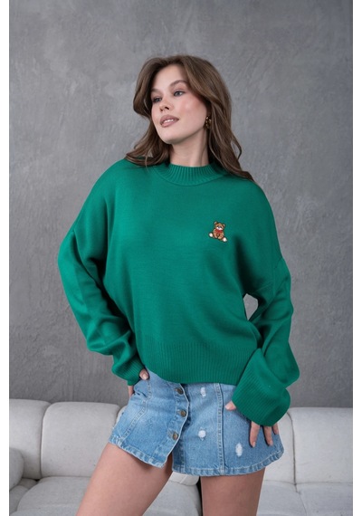Park Karon Kadın Yeşil Dik Yaka Oversize Nakışlı Triko Kazak 224301 Yeşil