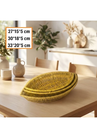 Buffer 3 Lü Kayık Formlu Plastik Rattan Sepet Seti Hasır Görünümlü Ekmek, Meyve Ve Sunum Sepetleri, Çok Amaçlı Masaüstü Kahverengi