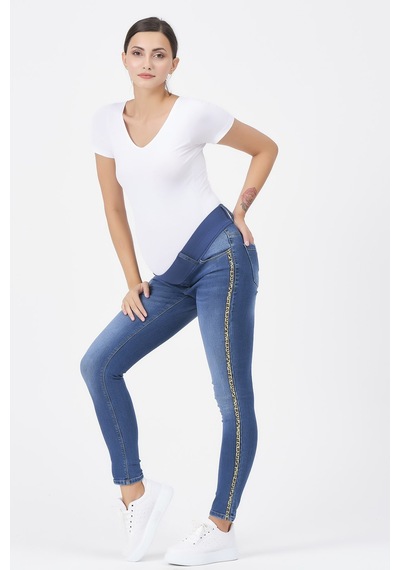 Busa Hamile Kot Pantolon Skinny Leoparlı Yan Şerit Mavi-mavi