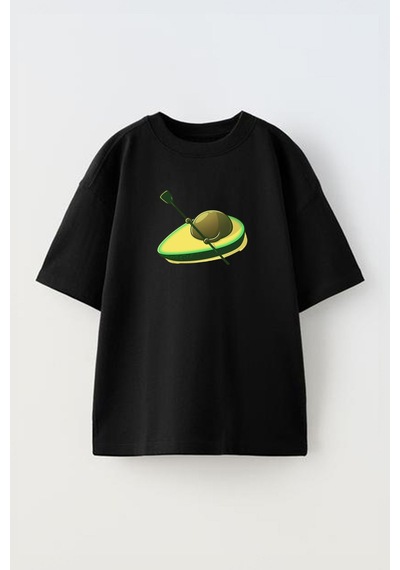 Thewert Unisex Yüzen Avakado Tasarım Baskılı Pamuk Sıyah Oversize T-shirt Siyah