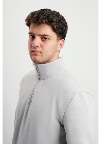 We&me Regular Fit Yarım Fermuarlı Dik Yaka Basic Sweatshirt Gri