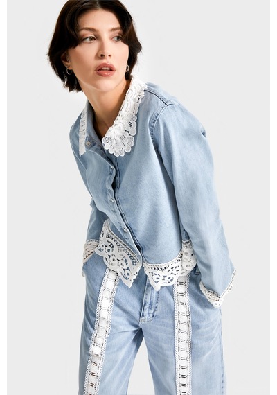 Itsbasic Kadın Kot Rengi 4s5-3 Viskon Kumaş Dantel Detaylı Özel Tasarım Denim Gömlek