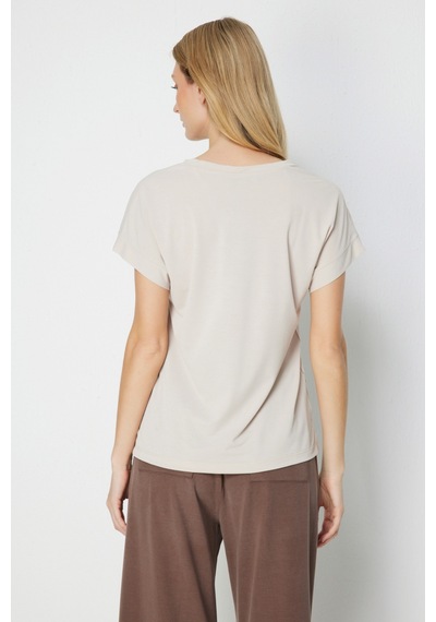 On Kadın V Yaka Parçalı T-shirt 71475 Taş