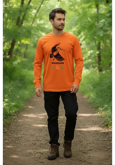 Avcılık Hunter Çulluk Avcılığı Tasarım Baskılı %100 Pamuk Turuncu Bisiklet Yaka Uzun Kollu T-shirt Turuncu