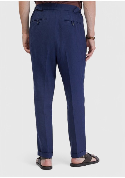 Ramsey İndigo Çizgili Dokuma Carrot Fit Casual %100 Keten Pantolon