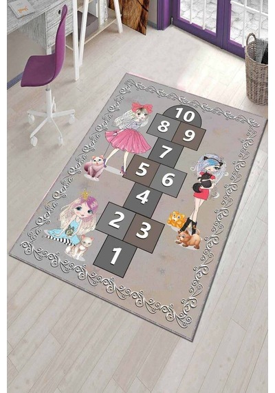 Gri Kaymaz Tabanlı Seksekli Oyun Halısı Çocuk Halısı Ar706n11