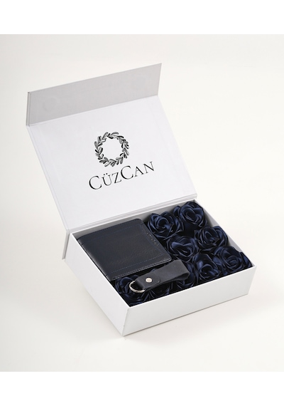 Premium Gift Rose Box - Kelebek Lacivert Hakiki Deri Cüzdan - Anahtarlık Ve Lacivert Gül Kutusu Lacivert