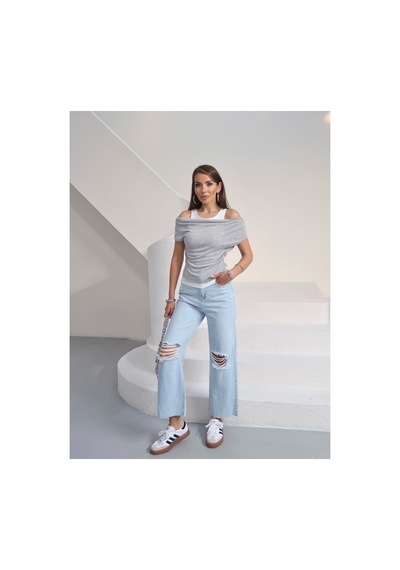 Paw Garage Kadın Aveline Atlet Detaylı Transparan T-shirt - Buzzy Kumaş Gri