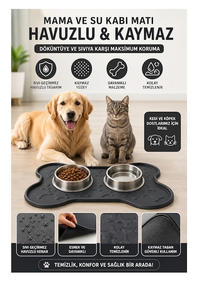 Kedi Köpek Mama Ve Su Kabı Altlığı Kemik Figürlü 45x35 Cm Kaymaz Mama Matı Yıkanabilir Döküntü Önleyici