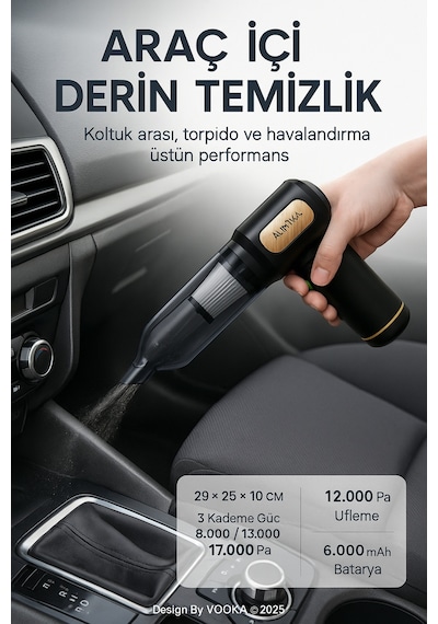 Vooka Araç İçi Süpürge & Üfleme 17.000 Pa Güçlü Çekim 12.000 Pa Üfleme 3 Kademeli,6000 Mah Batarya