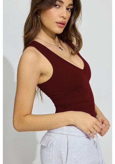 Madmext Koyu Bordo Derin V Yaka %100 Pamuklu Basic Kadın Atlet Mg2405